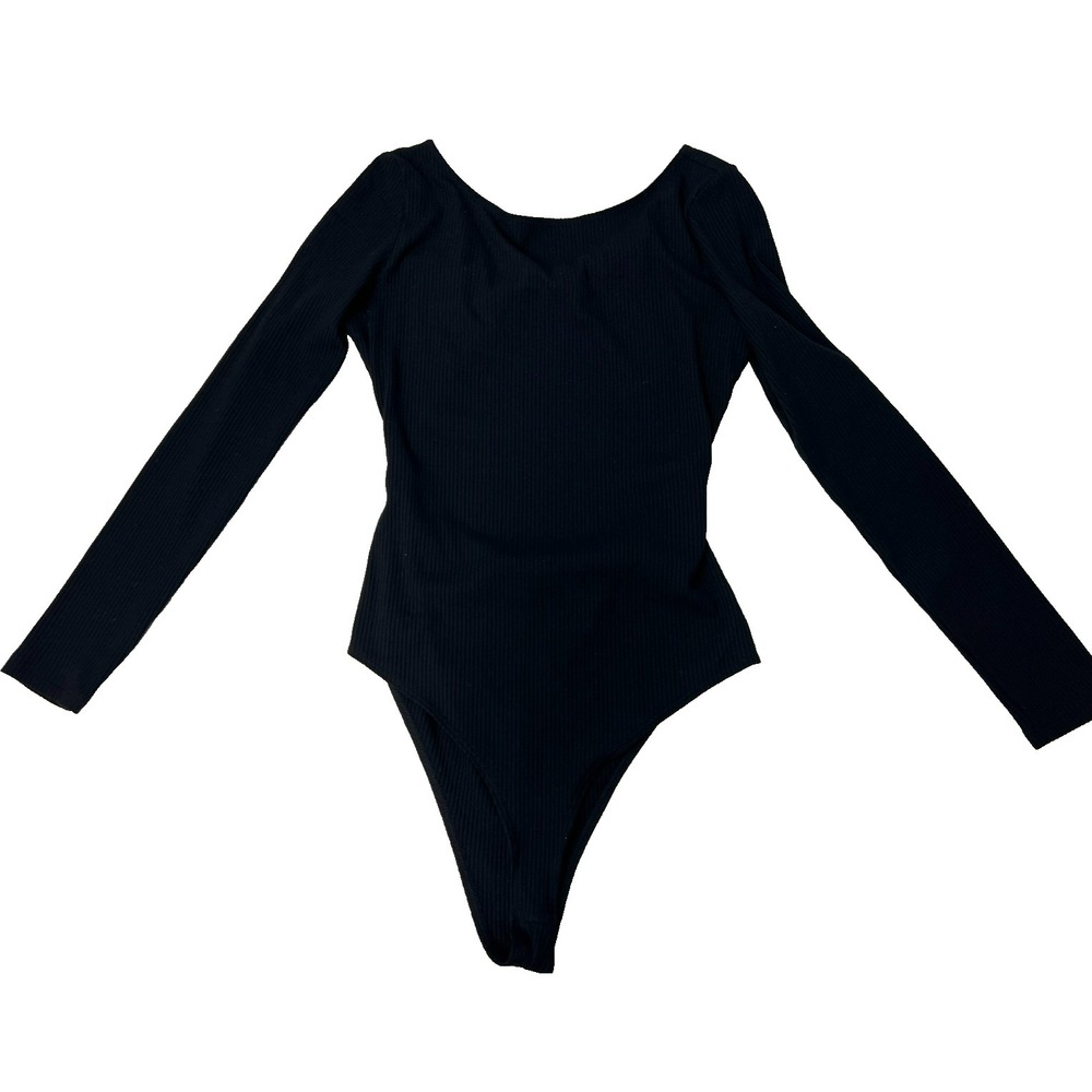 Reformation Open Back Body Suit Black Ribbed Tencel‎ Long Sleeve Step In SZ L